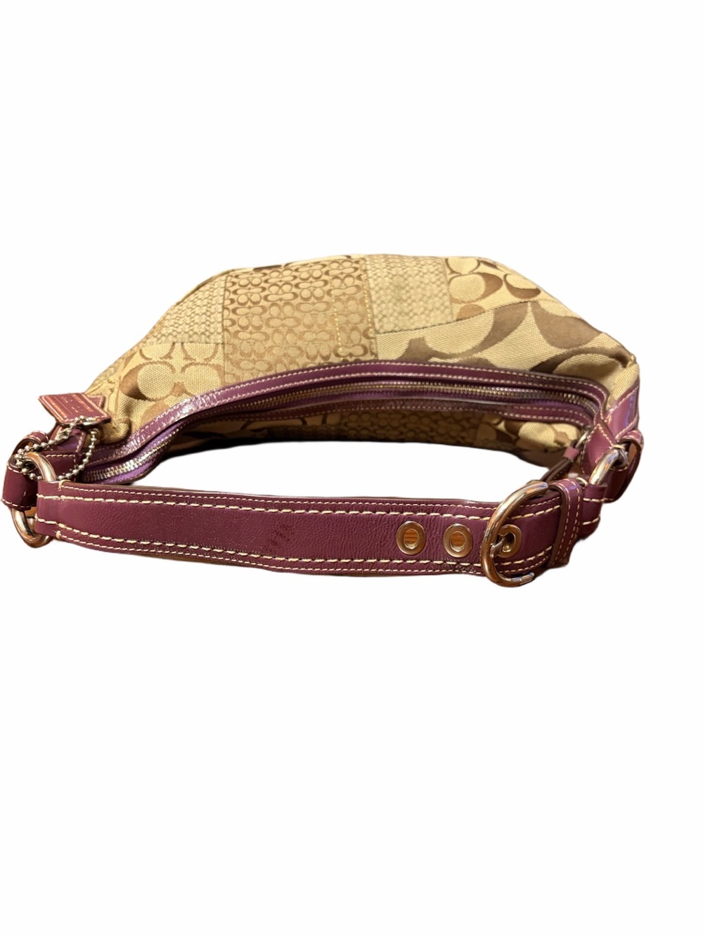 Vintage Coach Soho CrescentSignature Patchwork Small Hobo Y2K Khaki Burgundy - Picture 3 of 11
